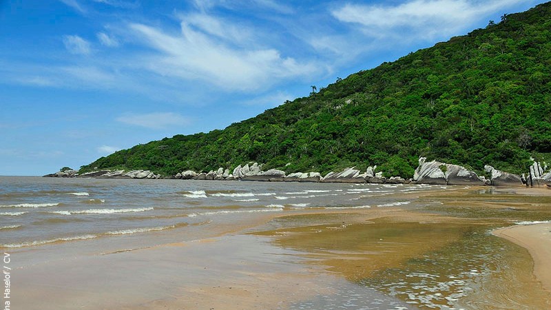 Na foto vemos a praia com pequenas ondas, o céu está azul com nuvens brancas divide a foto com um morro verde de vegetação. Ao pé do morro estão algumas pedras.