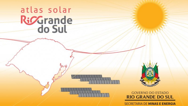 Capa do Atlas Solar do RS - O Sol laranja no canto superior direito, o mapa do Estado no canta inferior esquerdo, painéis solares no centro na parte inferior da imagem e no canto inferior direito o brasão do Governo Estadual e da Secretaria de M&E.