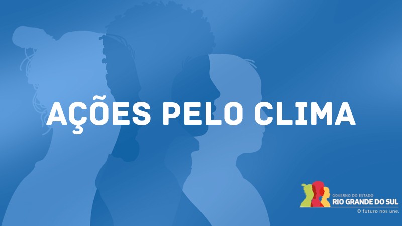 Banner na cor azul com as silhuetas de 3 pessoas da logomarca do Estado. ao centro, a frase "ações pelo clima".