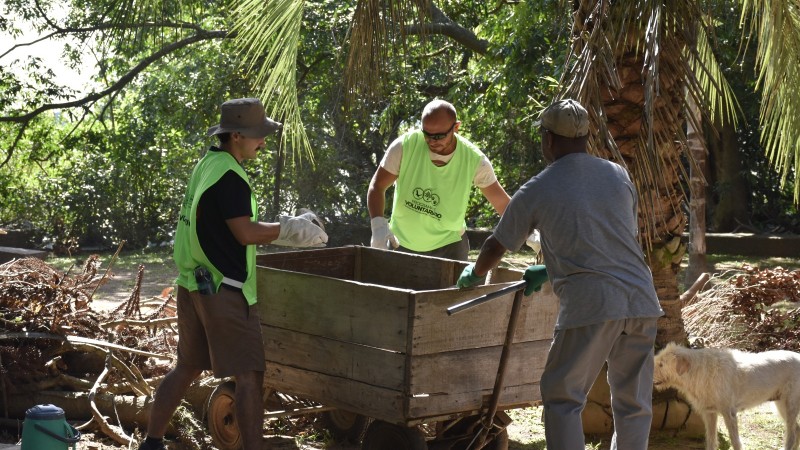 na foto aparecem três homens, vestidos de coletes verdes e luvas de borracha, recolhendo os resíduos do parque estadual delta do jacuí. em segundo plano, um cão aparece do lado direito na foto. ao lado esquerdo, galhos no chão. todos estão em uma área verde, com muitas árvores.