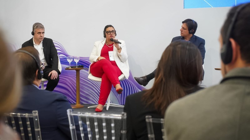 Imagem da palestra com público olhando para os palestrantes