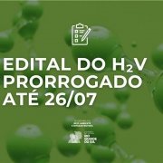 Card com fundo verde, ilustrando moléculas de hidrogênio em tons esverdeados translúcidos. No centro da imagem, há um ícone branco de prancheta com um lápis, seguido da frase em letras grandes e brancas: "EDITAL DO H₂V PRORROGADO ATÉ 26/07". Abaixo do texto principal, aparecem os logotipos da Secretaria do Meio Ambiente e Infraestrutura (Sema) e do Governo do Estado do Rio Grande do Sul.